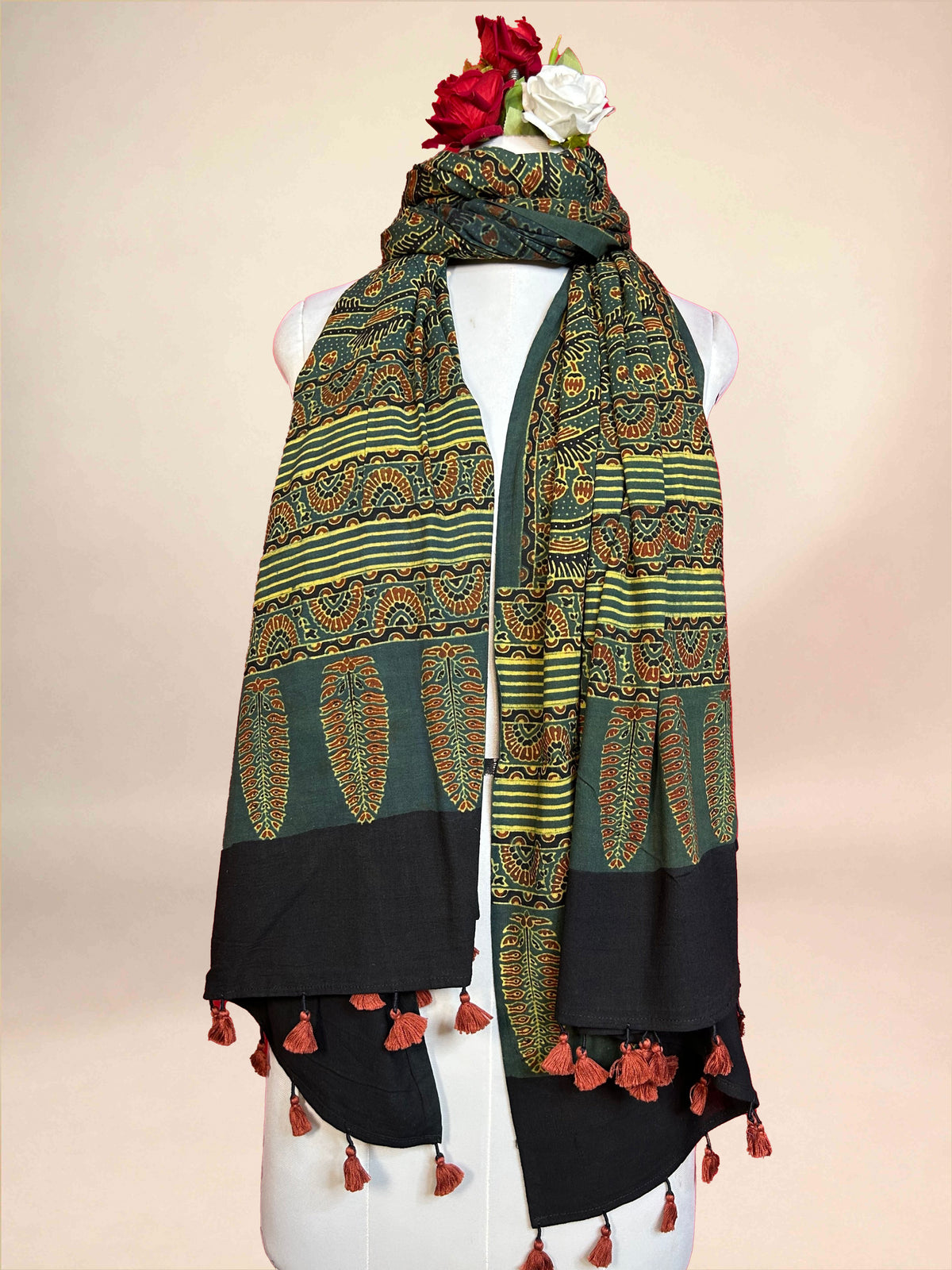 Dark Green Ajarkh Cotton Handblock Printed Dupatta