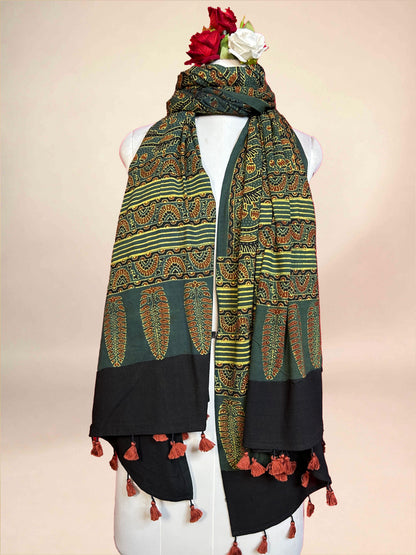 Dark Green Ajarkh Cotton Handblock Printed Dupatta