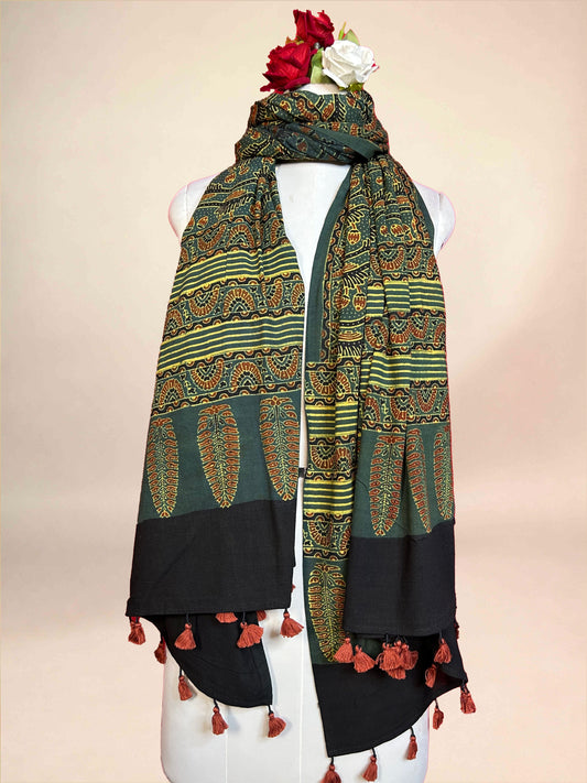 Dark Green Ajarkh Cotton Handblock Printed Dupatta