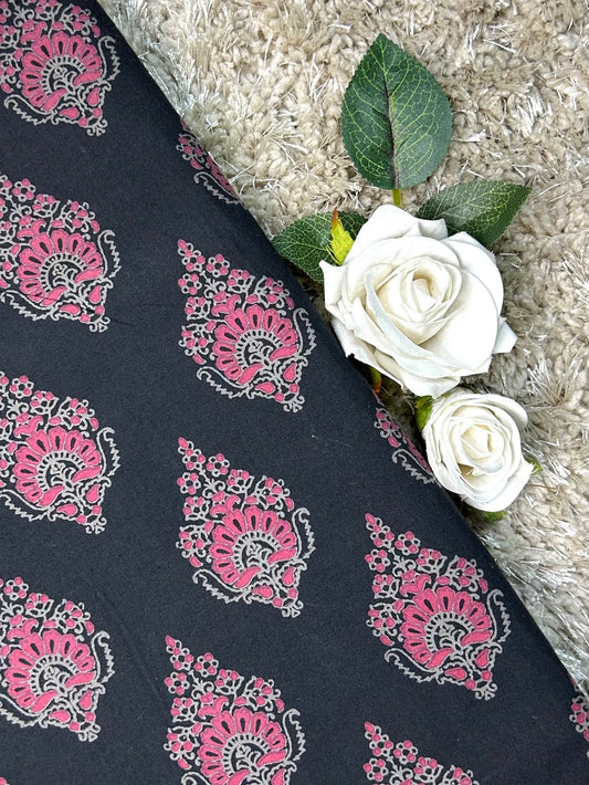 Multicolor Discharge Hand Print Cotton Fabric | Black