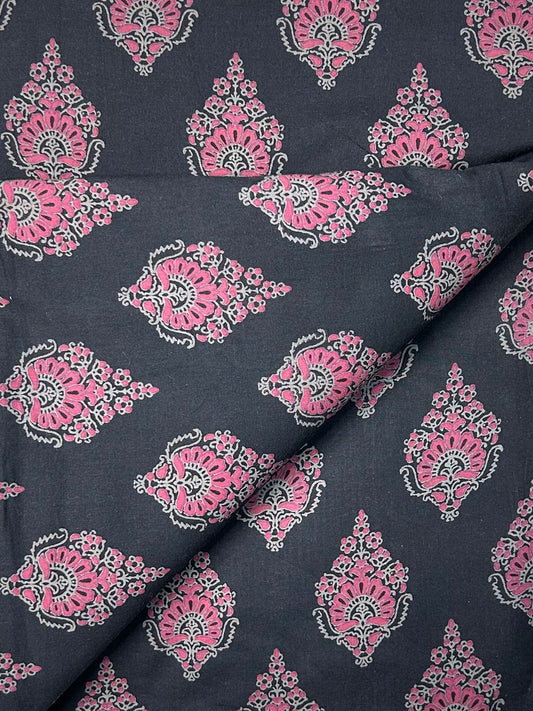 Multicolor Discharge Hand Print Cotton Fabric | Black