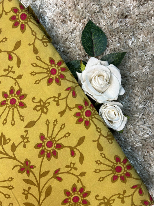 Multicolor Discharge Hand Print Cotton Fabric | Mustard