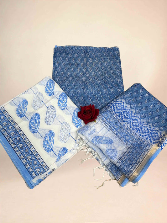Sky Blue Full Kota Handblock Printed Cotton Suit Set