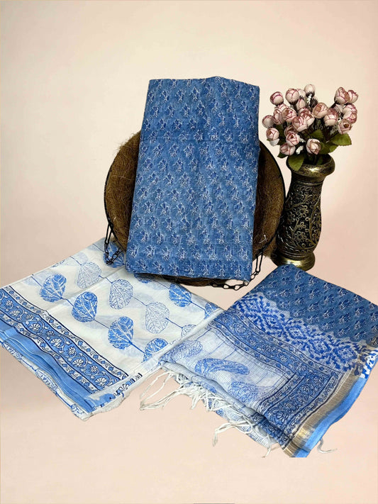 Sky Blue Full Kota Handblock Printed Cotton Suit Set
