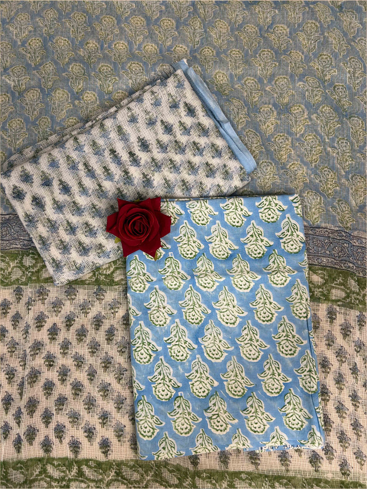 Sky Blue Full Kota Handblock Printed Cotton Suit Set