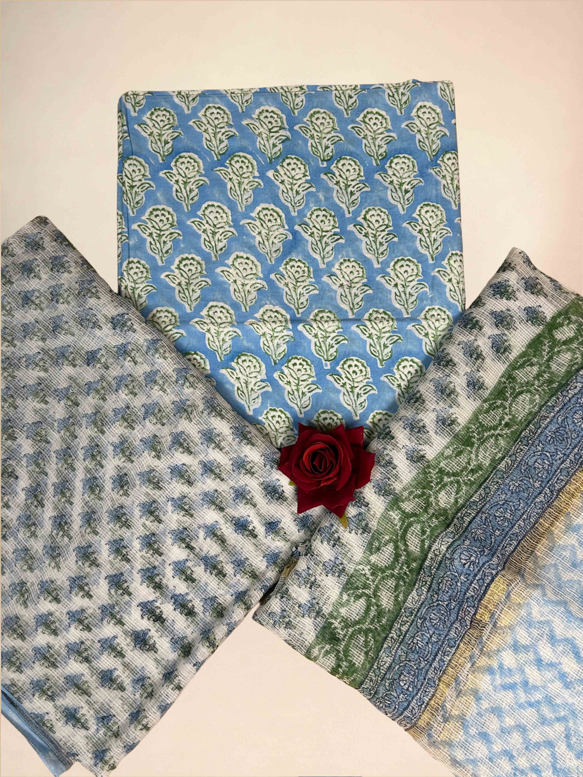 Sky Blue Full Kota Handblock Printed Cotton Suit Set