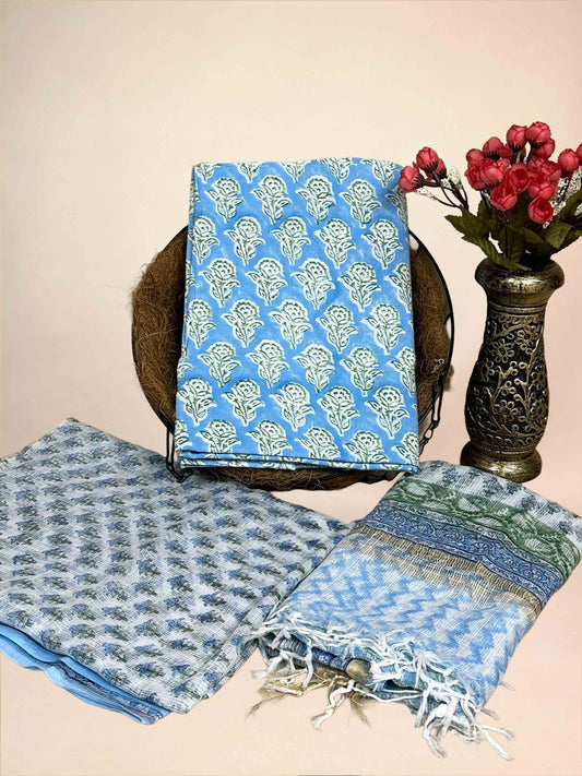 Sky Blue Full Kota Handblock Printed Cotton Suit Set
