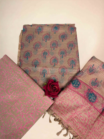 Beige Full Kota Handblock Printed Cotton Suit Set