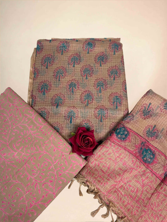 Beige Full Kota Handblock Printed Cotton Suit Set