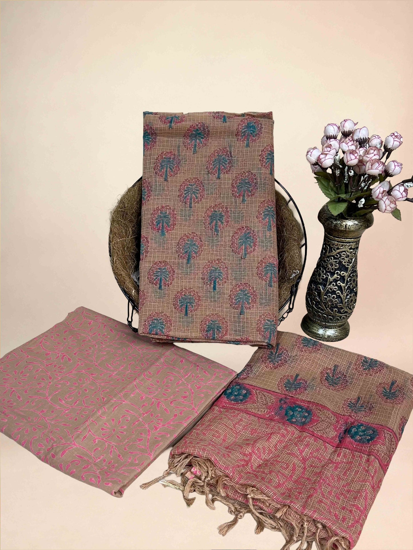 Beige Full Kota Handblock Printed Cotton Suit Set