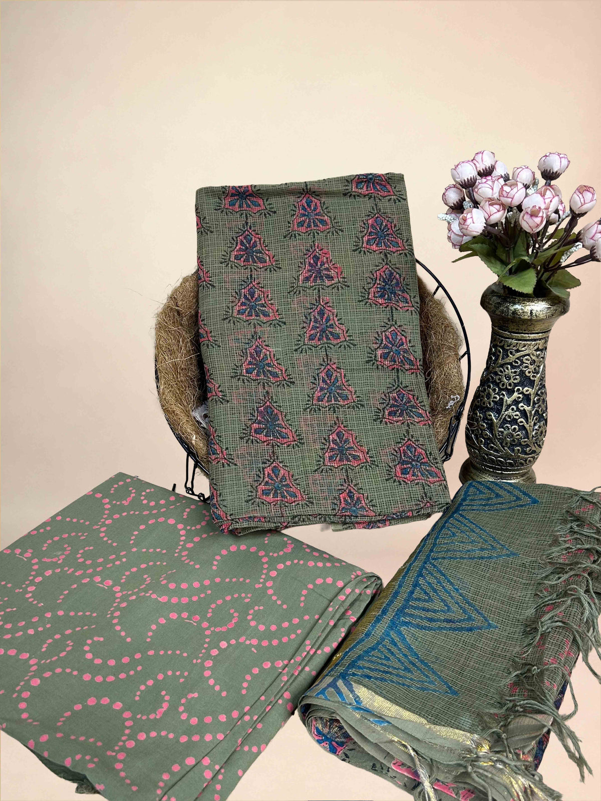 Olive Full Kota Handblock Printed Cotton Suit Set