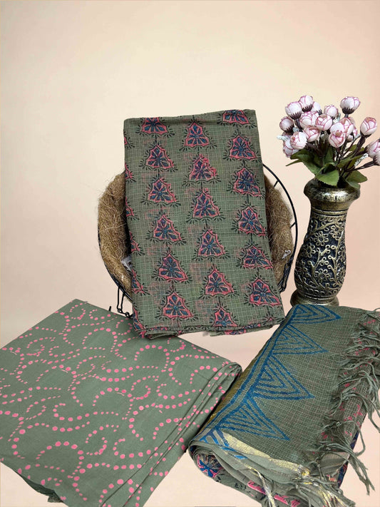 Olive Full Kota Handblock Printed Cotton Suit Set