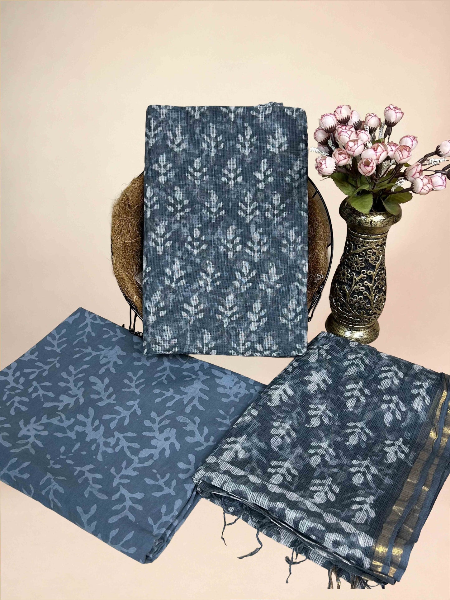 Charcoal Full Kota Handblock Printed Cotton Suit Set