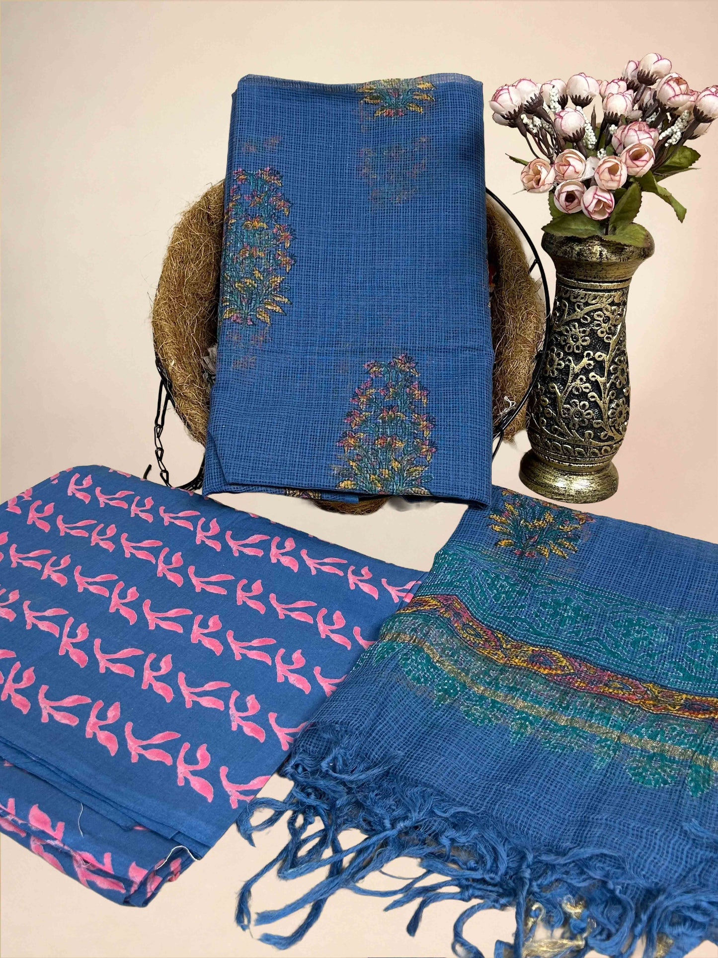 Navy Blue Full Kota Handblock Printed Cotton Suit Set