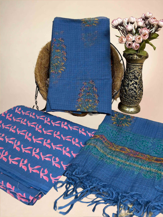 Navy Blue Full Kota Handblock Printed Cotton Suit Set