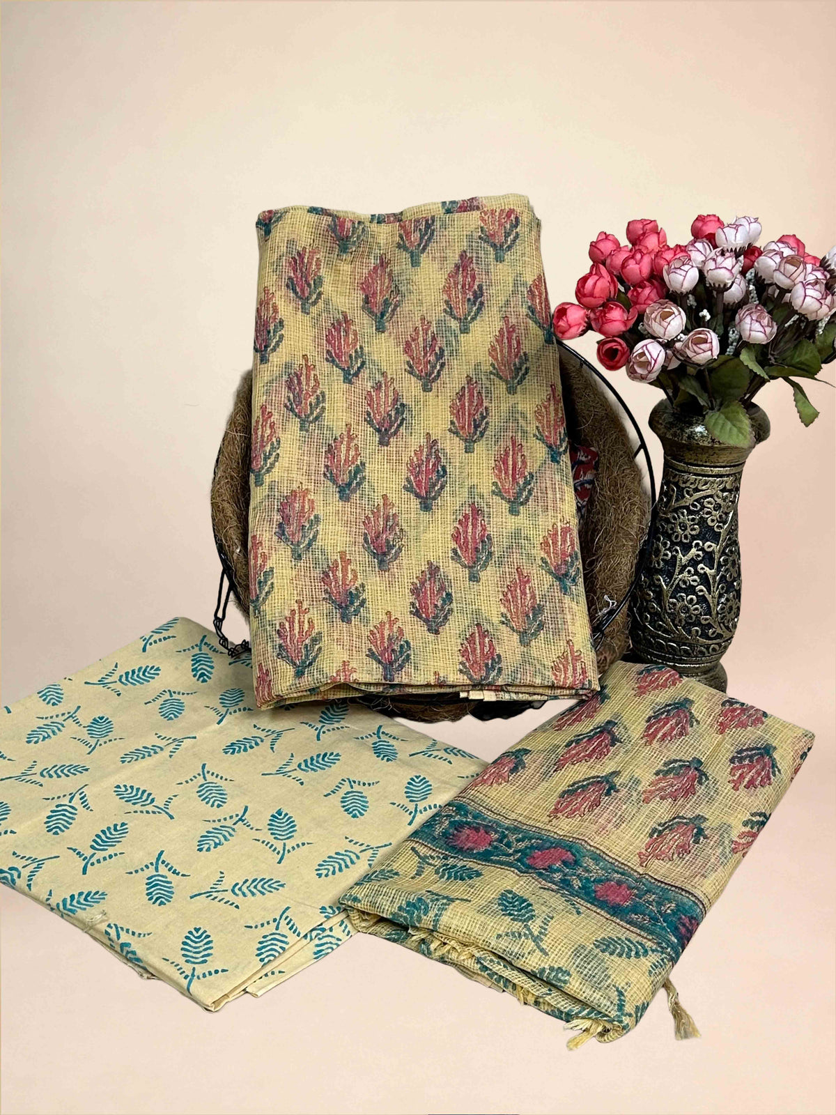 Beige Full Kota Handblock Printed Cotton Suit Set