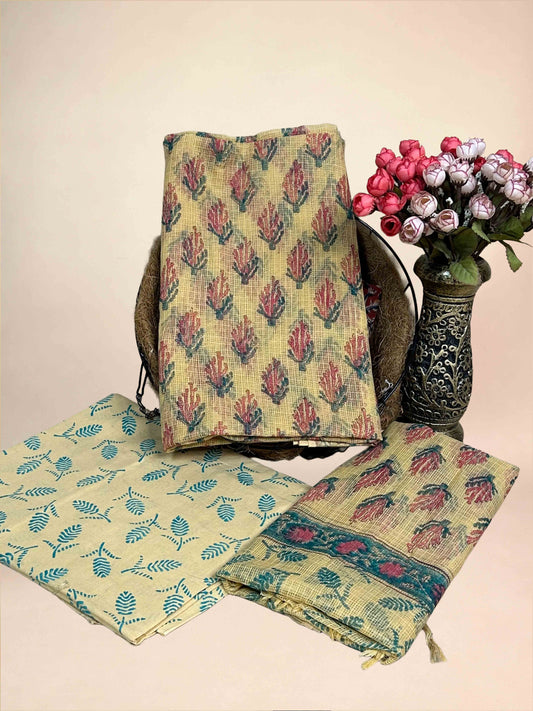 Beige Full Kota Handblock Printed Cotton Suit Set