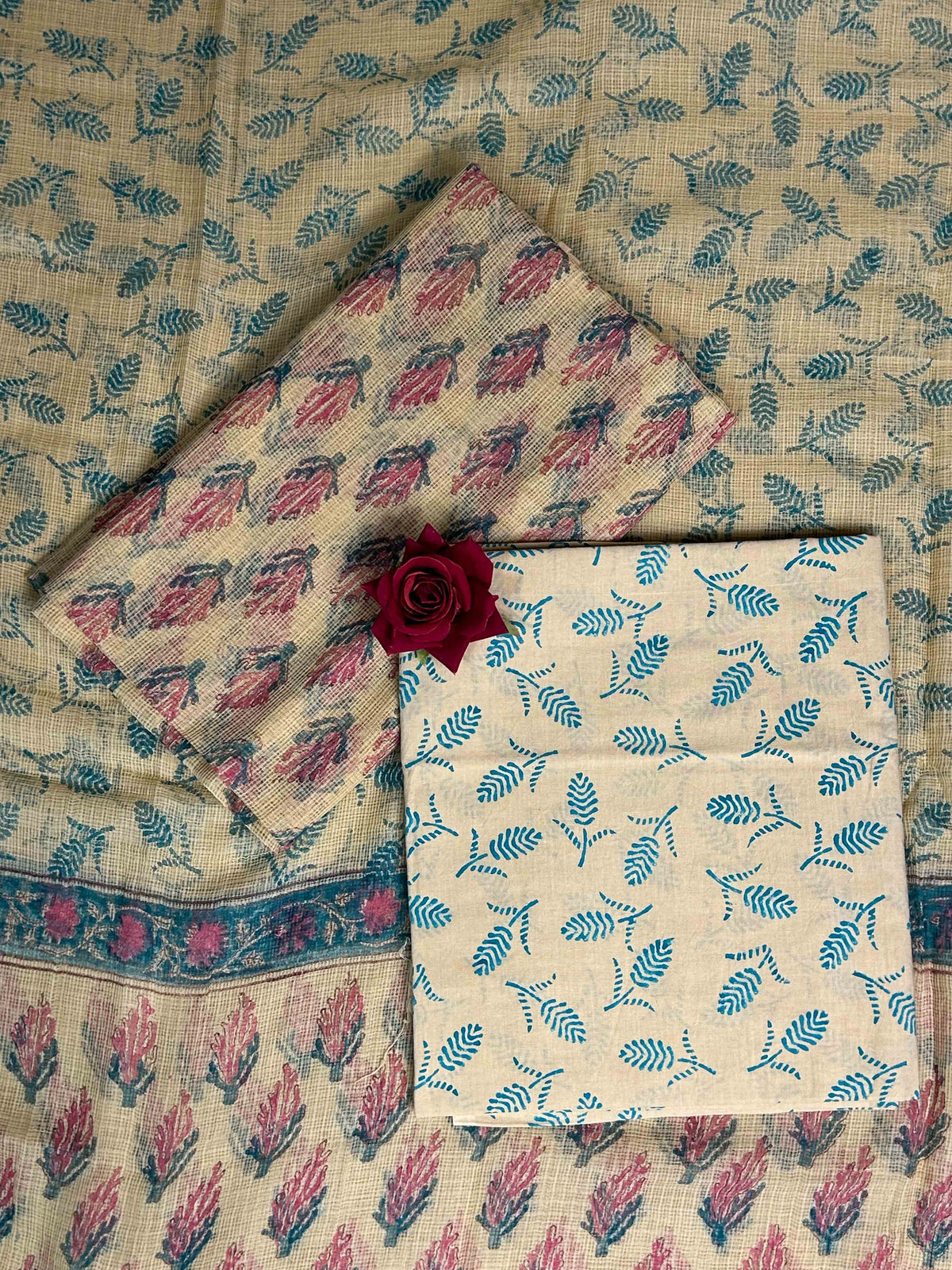 Beige Full Kota Handblock Printed Cotton Suit Set