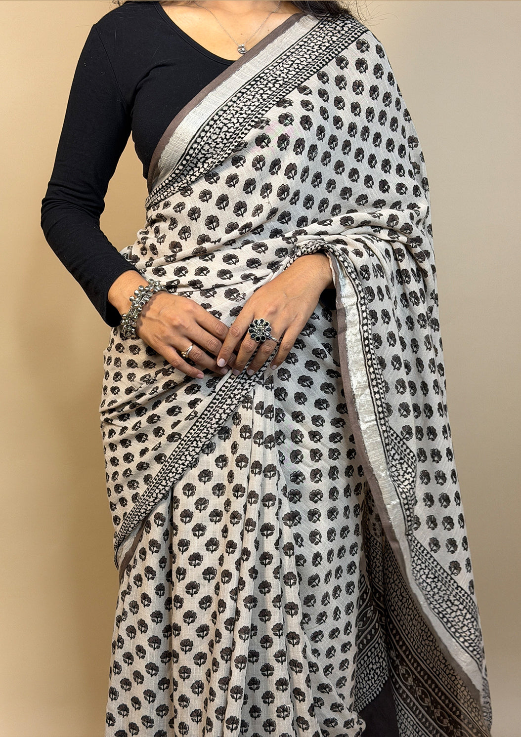 Handblock Printed Linen Saree Black 