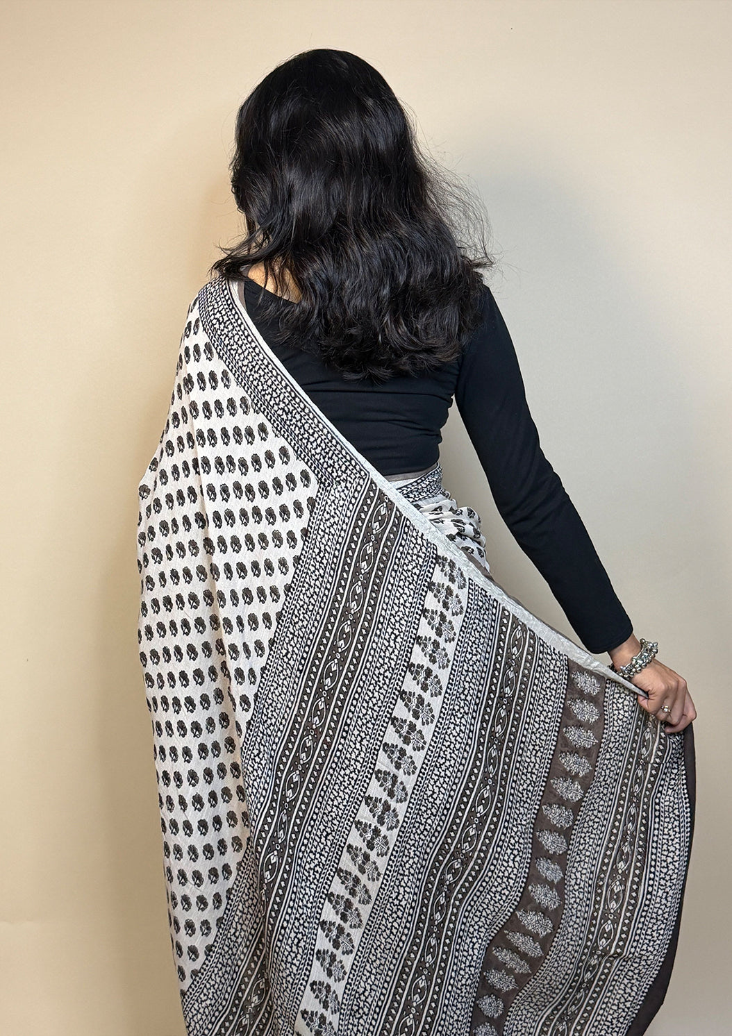 Handblock Printed Linen Saree Black 