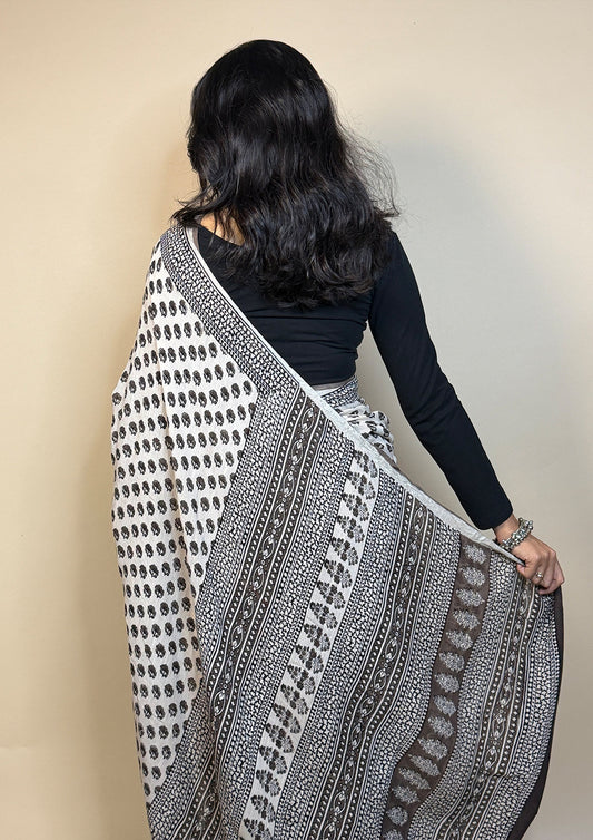Handblock Printed Linen Saree Black 