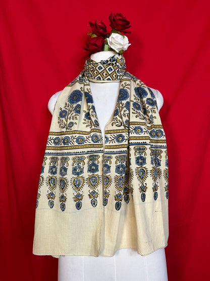 Handcrafted Ajrakh Cotton Stole with Blue Floral Motifs and Ethnic Block Print Pattern