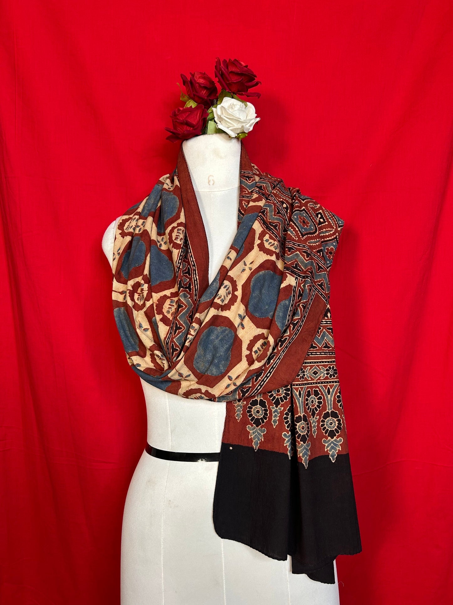 Handcrafted Ajrakh Cotton Stole with Ethnic Floral and Geometric Block Print Design