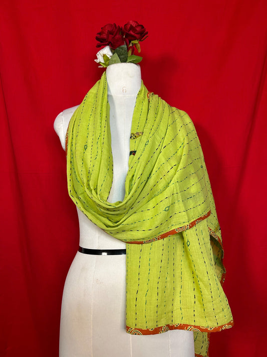 Handcrafted Kantha Patchwork Dupatta with Traditional Running Stitch Embroidery Pattern