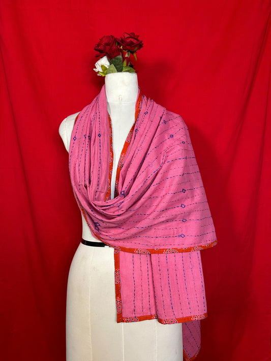 Handmade Kantha Patchwork Dupatta for Women in Pink with Ethnic Embroidery Design