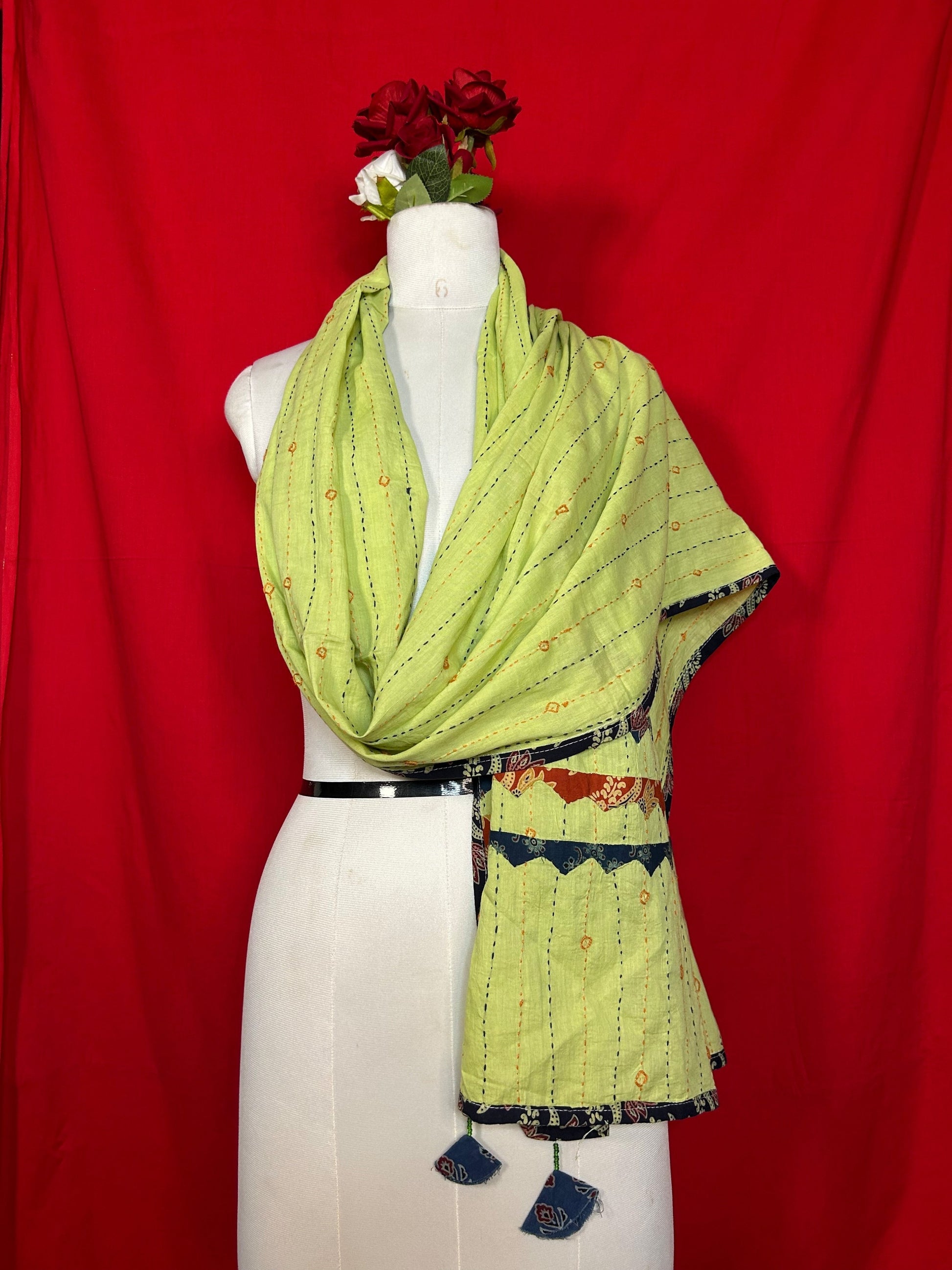 Handmade Kantha Patchwork Dupatta for Women with Ethnic Embroidery and Tassel Details