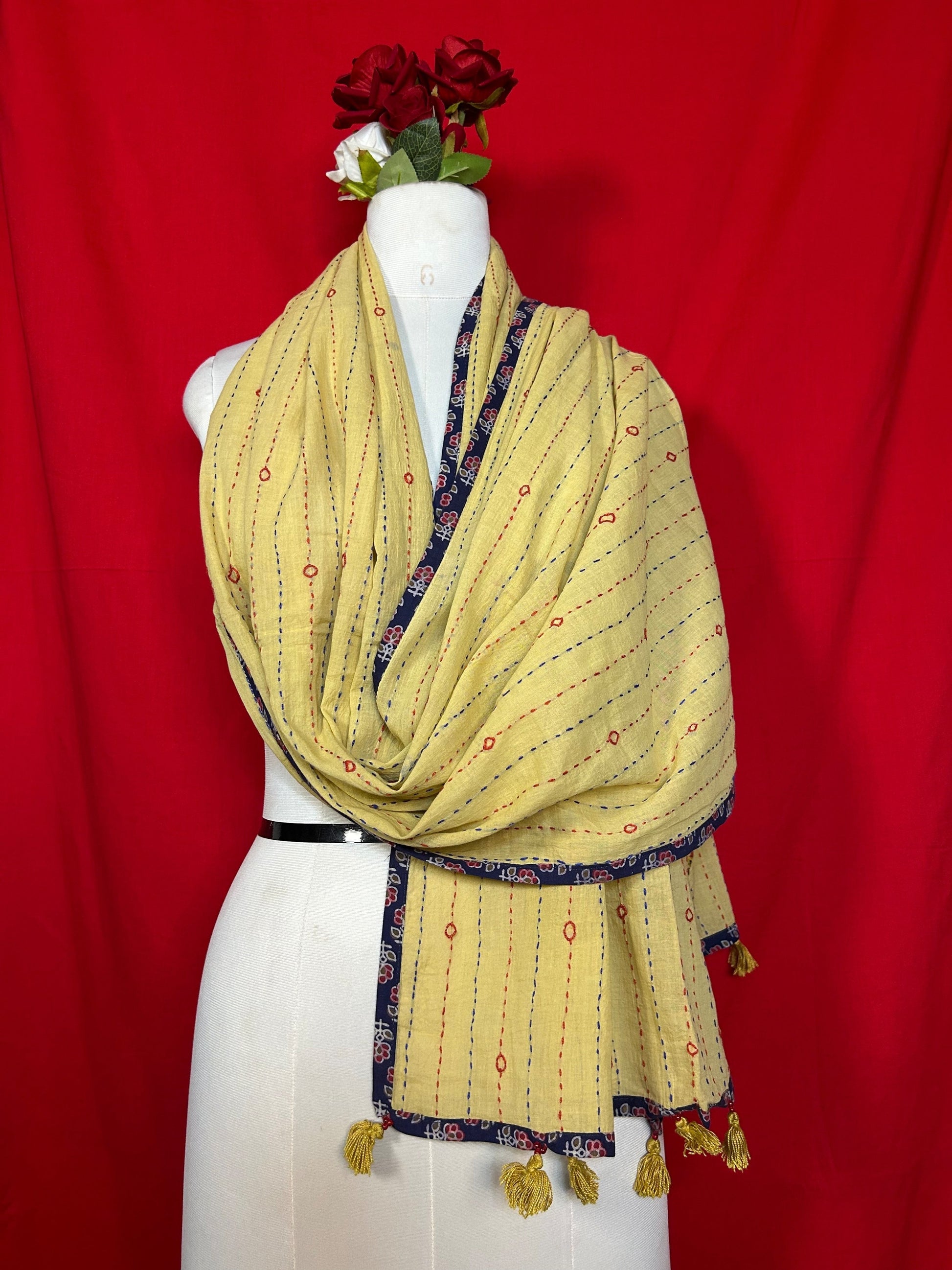Handmade Kantha Patchwork Dupatta for Women with Ethnic Stitch Work and Tassels