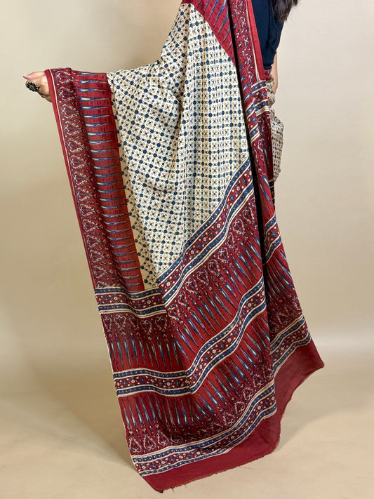 Beige Saudagiri Assam Silk Handblock Printed Saree