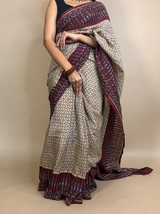 Beige Saudagiri Assam Silk Handblock Printed Saree
