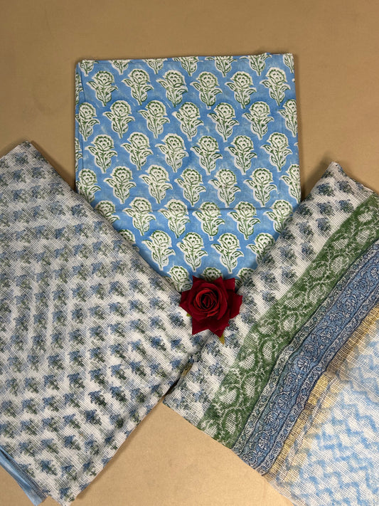 Sky Blue Full Kota Handblock Printed Cotton Suit Set