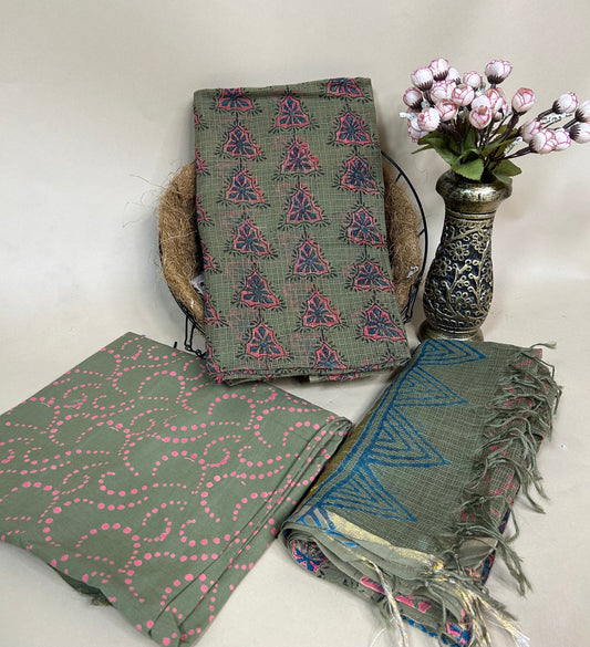 Olive Full Kota Handblock Printed Cotton Suit Set