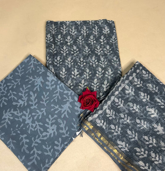 Charcoal Full Kota Handblock Printed Cotton Suit Set