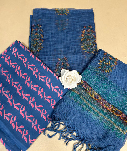Navy Blue Full Kota Handblock Printed Cotton Suit Set
