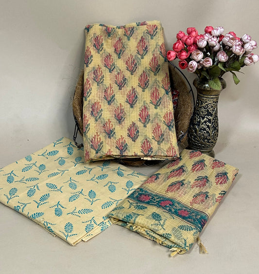 Beige Full Kota Handblock Printed Cotton Suit Set