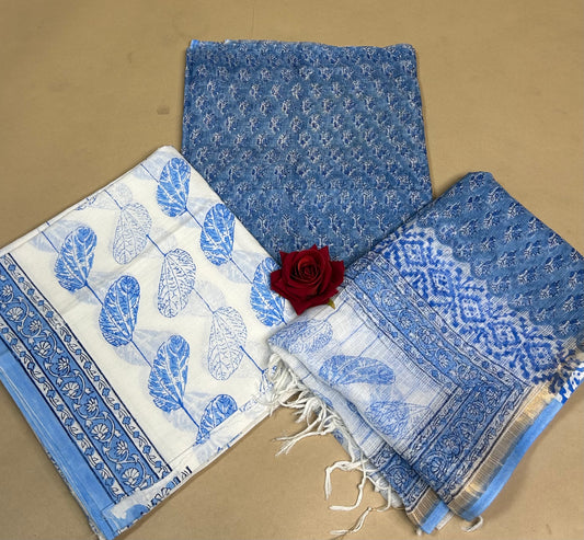 Sky Blue Full Kota Handblock Printed Cotton Suit Set