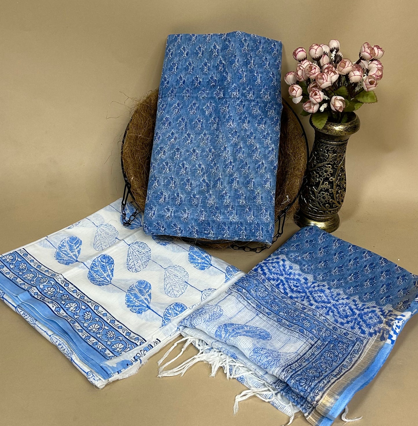 Sky Blue Full Kota Handblock Printed Cotton Suit Set