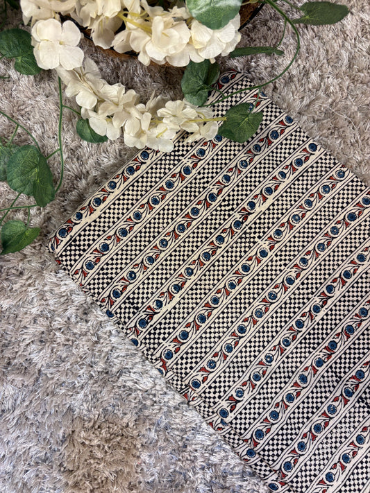 Ivory Super Ajrakh Handblock Printed Fabric | Ivory