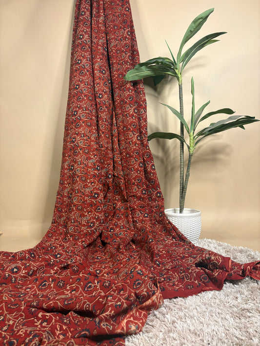 Rust Red Super Ajrakh Handblock Printed Fabric | Rust Red