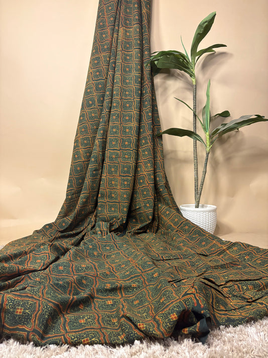 Forest Green Super Ajrakh Handblock Printed Fabric | Forest Green