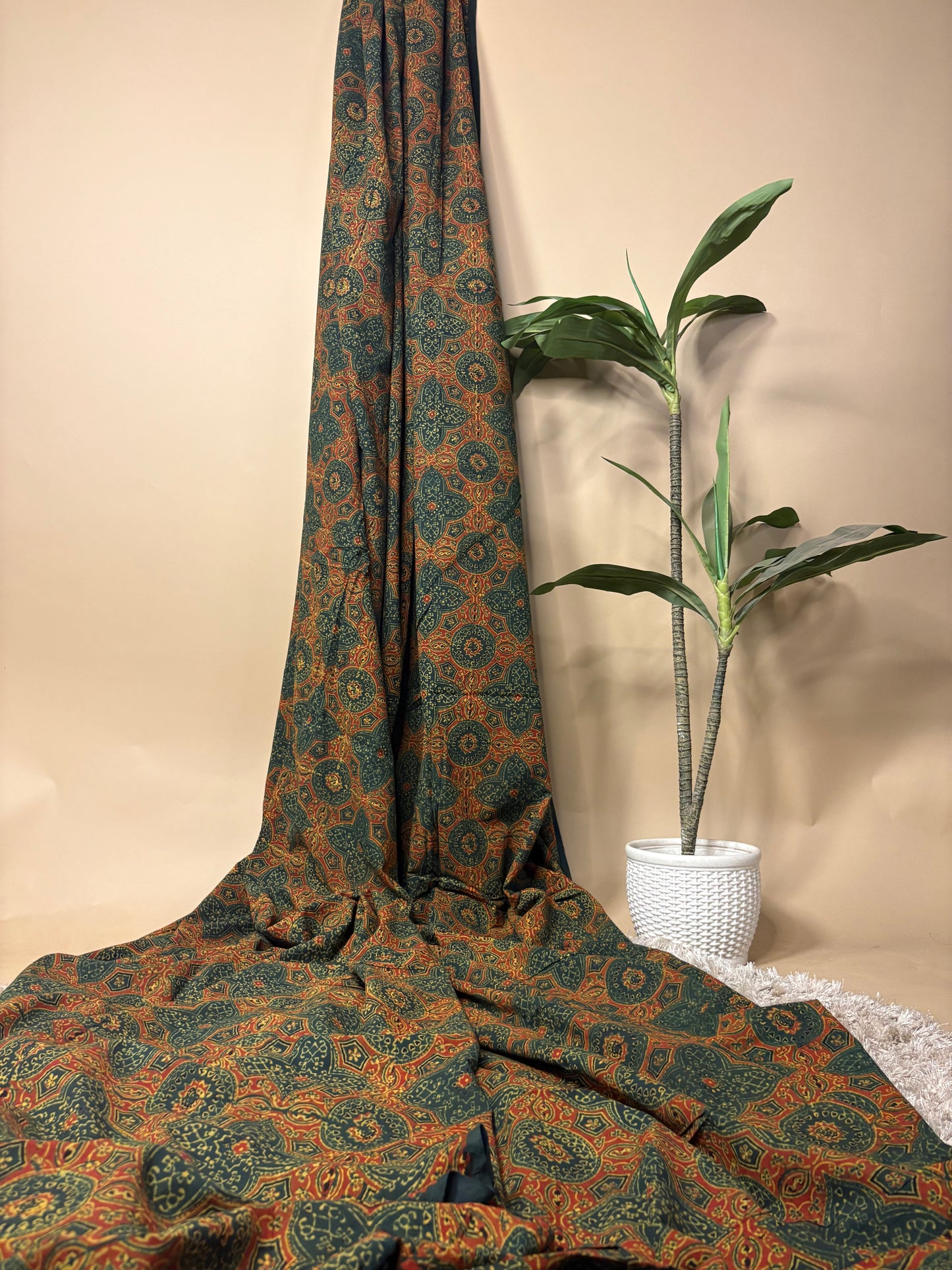 Forest Green Super Ajrakh Handblock Printed Fabric | Forest Green