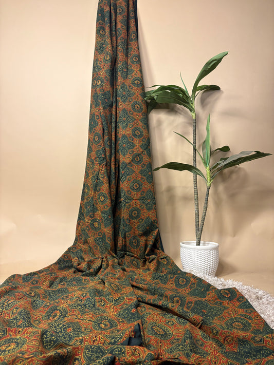 Forest Green Super Ajrakh Handblock Printed Fabric | Forest Green