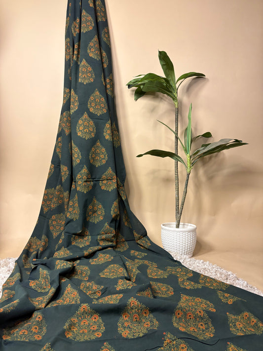 Forest Green Super Ajrakh Handblock Printed Fabric | Forest Green