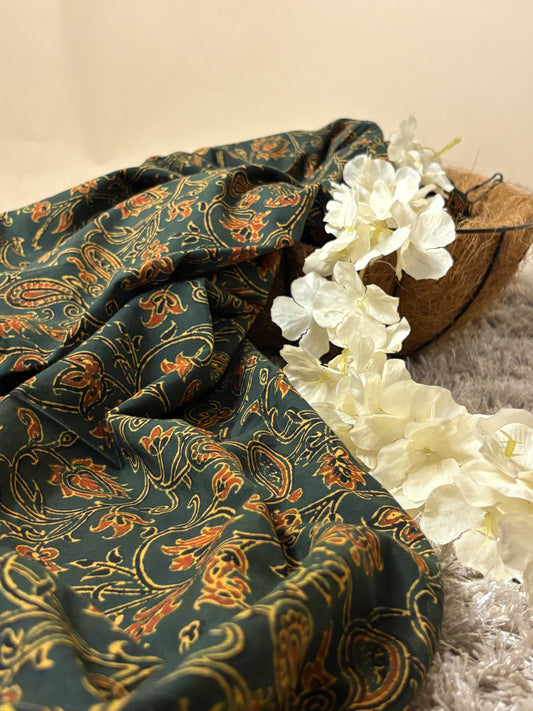 Forest Green Super Ajrakh Handblock Printed Fabric | Forest Green