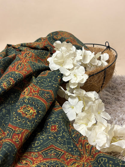 Forest Green Super Ajrakh Handblock Printed Fabric | Forest Green