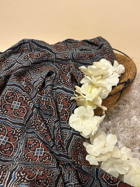 Midnight Navy Super Ajrakh Handblock Printed Fabric | Midnight Navy