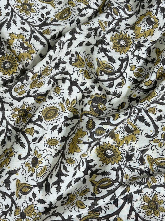 White Blossom Vine Fakira Print Hand Block Printed Fabric